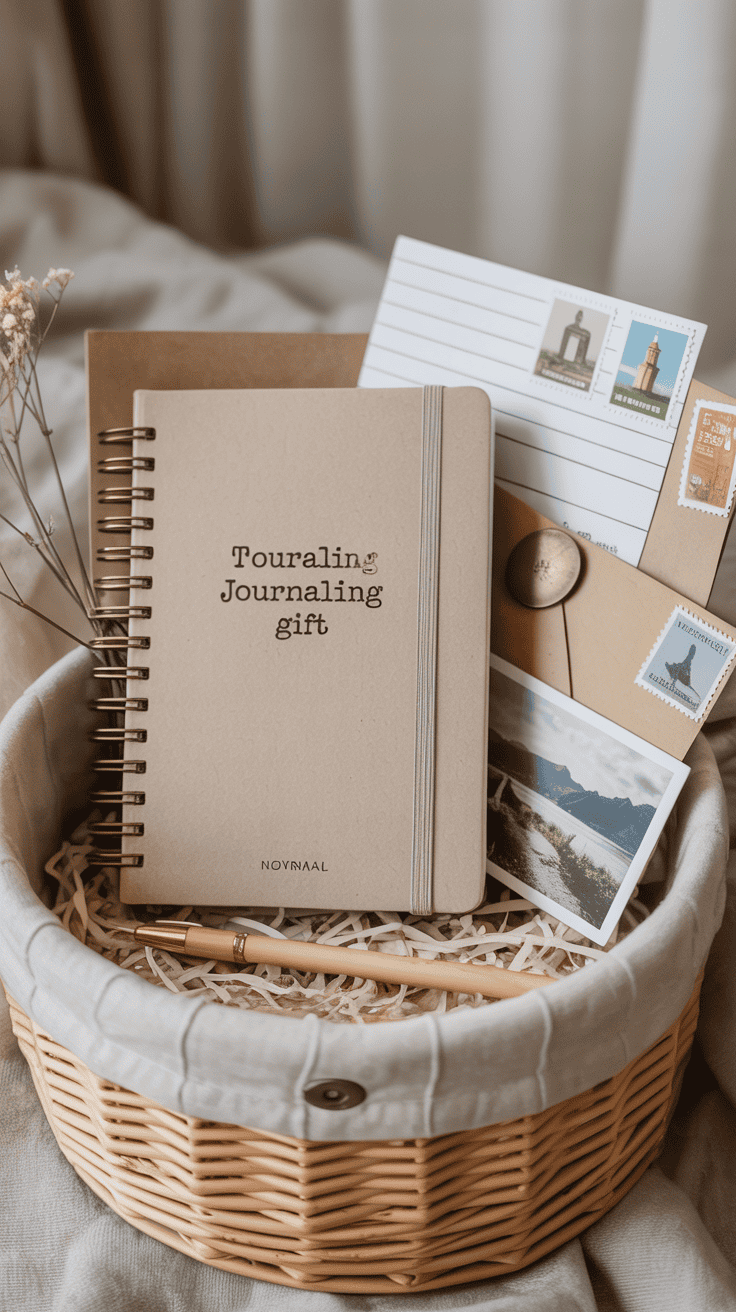 Travel-inspired journaling gift basket with notebook, postcards, and memory-keeping stationery