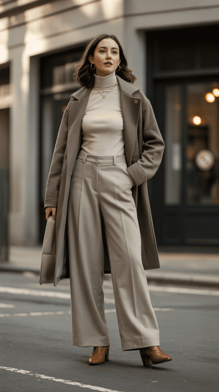 Wool wide-leg trousers styled with a fitted turtleneck and ankle boots for a polished winter outfit.