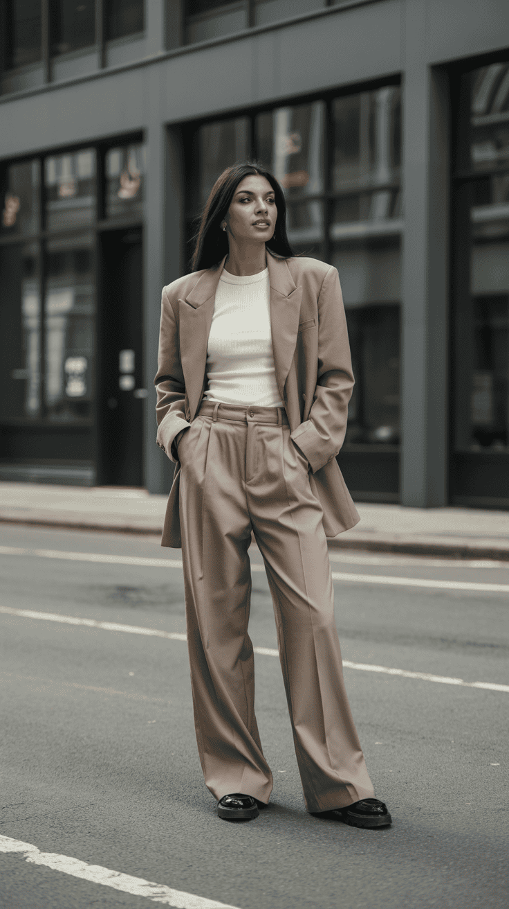 Tailored wide-leg trousers worn with a blazer and loafers for a chic winter outfit.