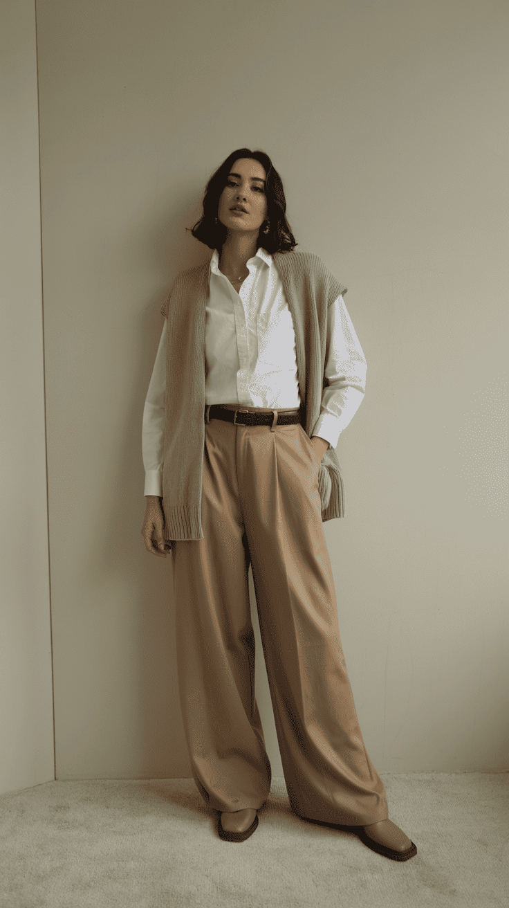 Wide-leg trousers paired with a button-down shirt and knit vest for winter layering.