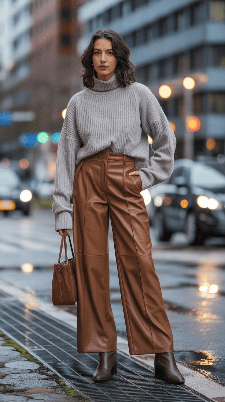 Faux leather wide-leg trousers styled with a knit jumper and ankle boots in winter.