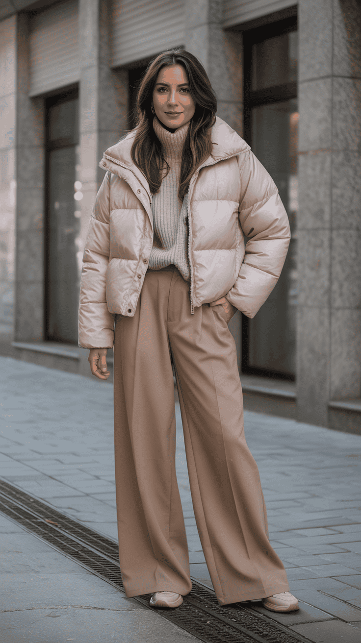Wide-leg trousers worn with a roll-neck and cropped puffer jacket for winter.