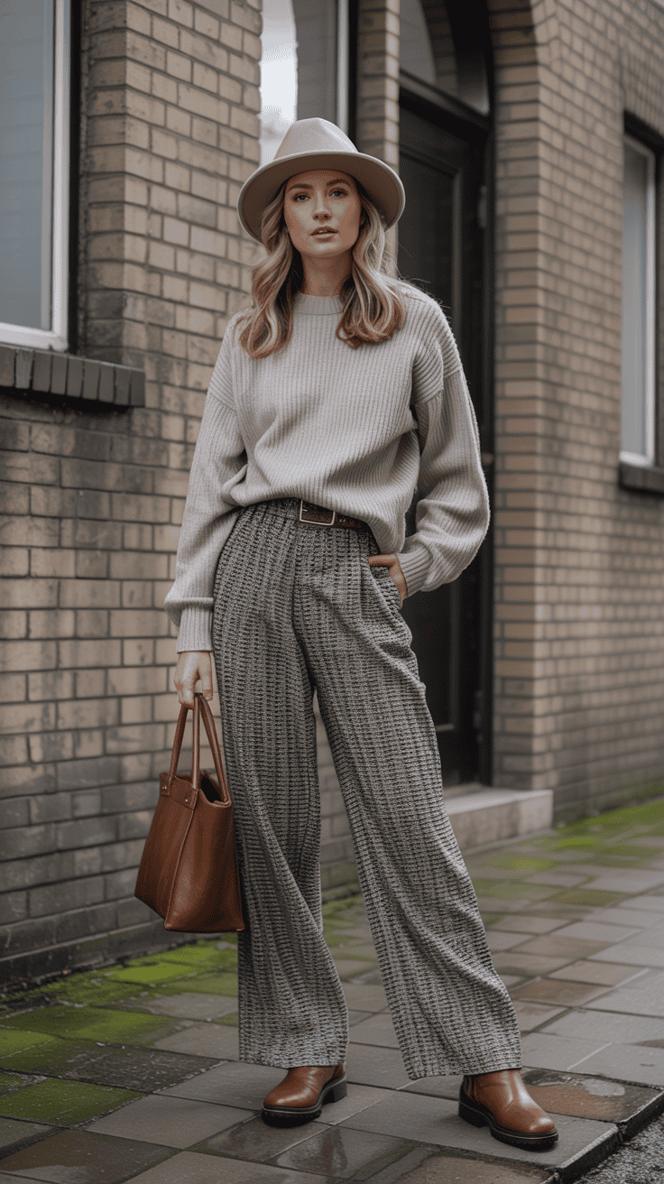 Textured wide-leg trousers styled with a simple knit and boots for winter.