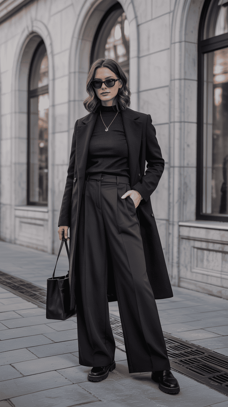 Black wide-leg trousers styled with monochrome winter layers for a sleek look.