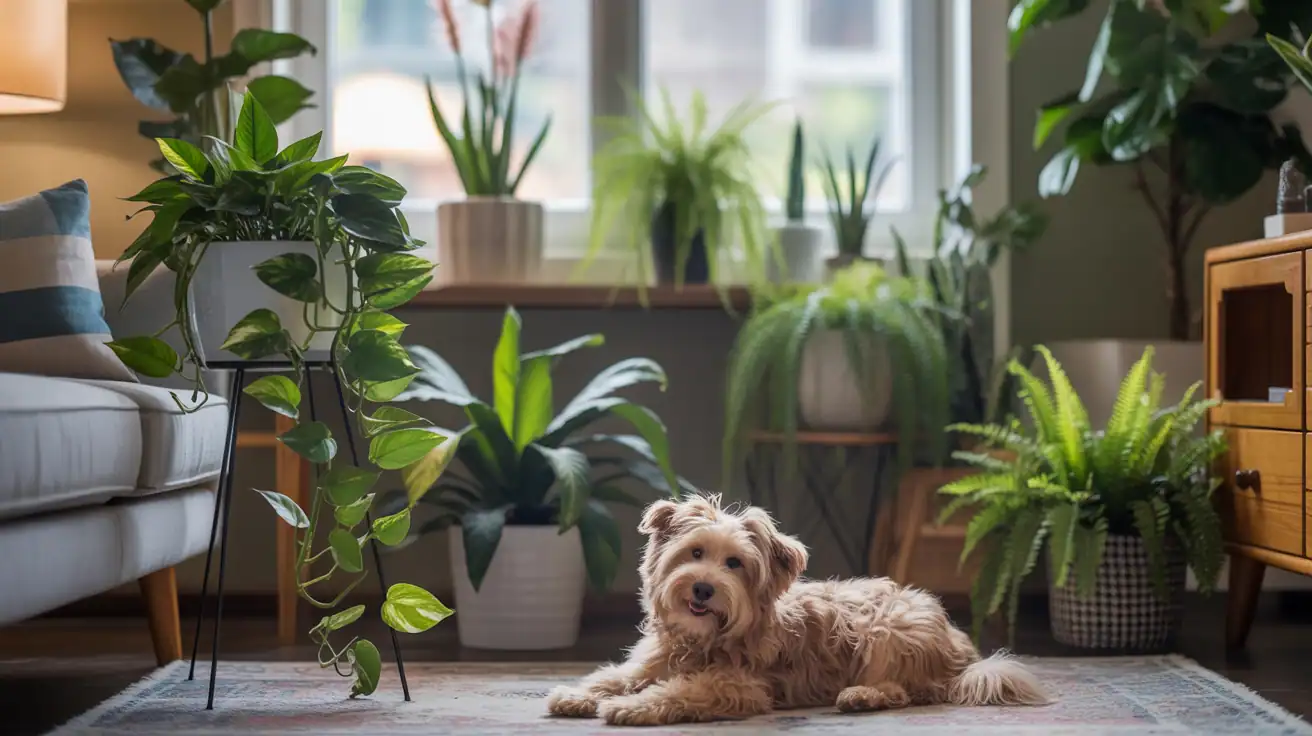 A cozy living room setup featuring various pet-friendly indoor plants arranged harmoniously. In the foreground, a vibrant pothos cascading from a stylish plant stand beside a fluffy, playful dog lying contently on a plush rug. In the middle, a variety of safe houseplants like spider plants, peace lilies, and Boston ferns are stylishly displayed on shelves and tables, showcasing unique pots. The background includes a large window with soft, natural light illuminating the scene, enhancing the greens of the plants and the warm tones of the wooden furniture. The atmosphere is inviting and tranquil, emphasizing a pet-friendly and stylish decor concept. Use a subtle depth of field to focus on the plants, creating a warm, homey feel that encourages creativity in choosing the right indoor plants.