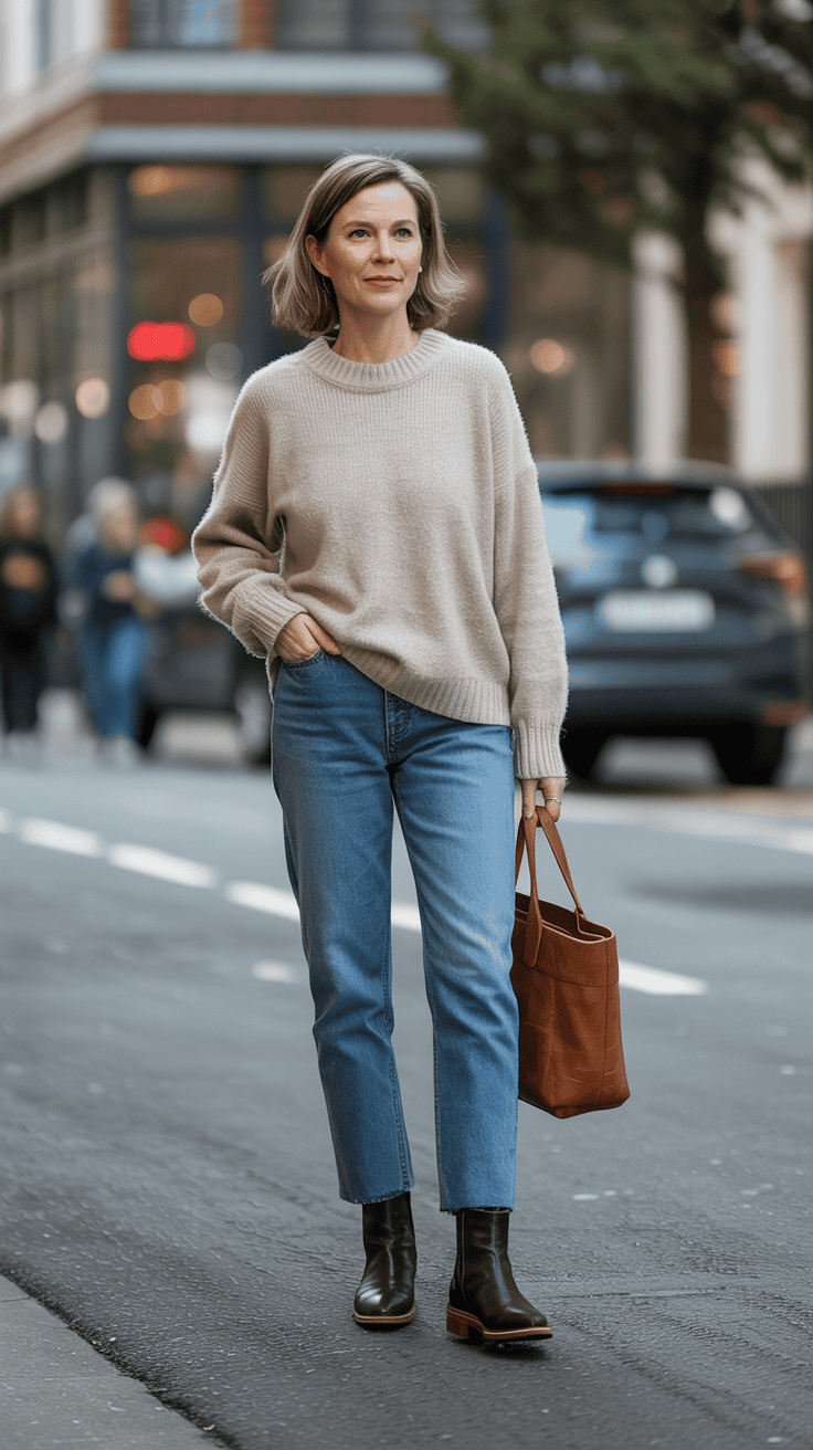 Casual winter outfit with knit jumper, straight-leg jeans, and ankle boots for women over 40