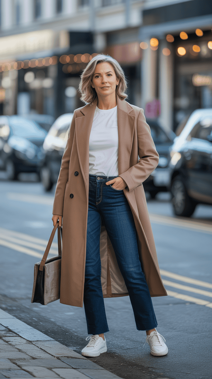 Longline coat with jeans casual winter outfit for women over 40