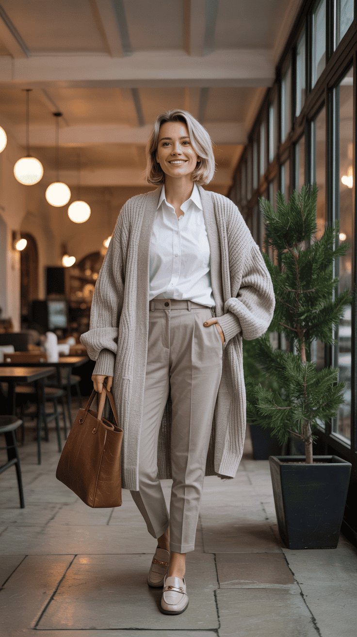 Chunky cardigan and slim trousers casual winter outfit for women over 40