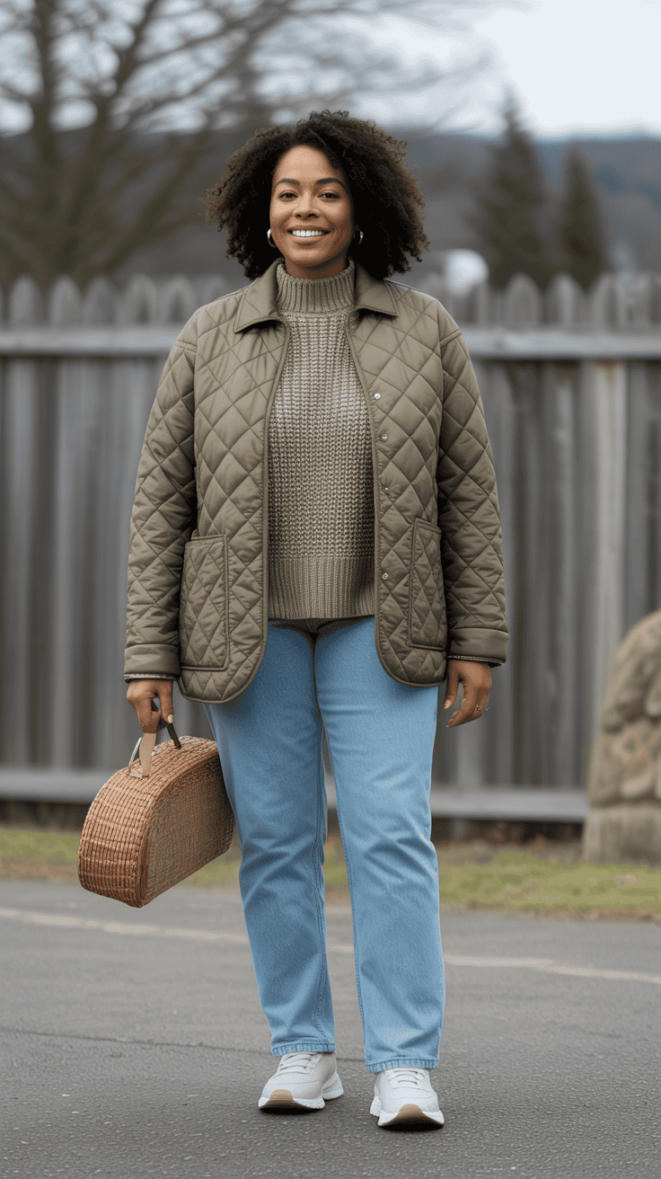 Quilted jacket casual winter outfit with jeans for women over 40