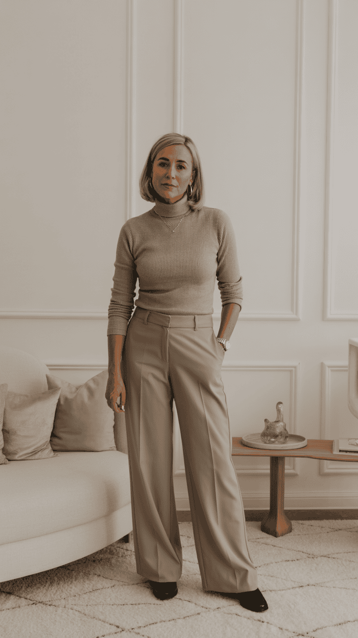 Roll neck and wide-leg trousers casual winter outfit for women over 40
