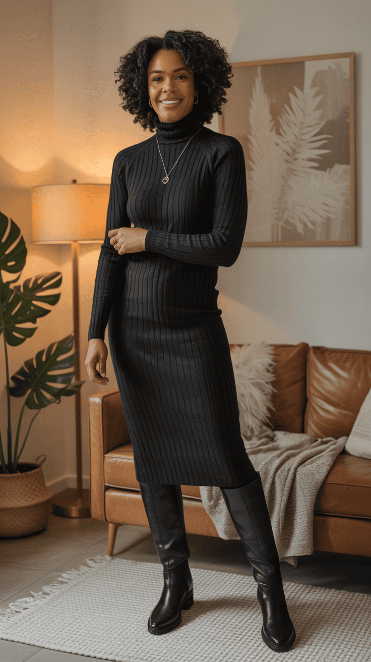 Knit dress with knee-high boots casual winter outfit for women over 40