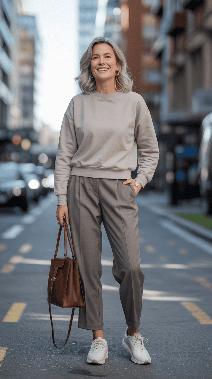 Sweatshirt and tailored trousers casual winter outfit for women over 40
