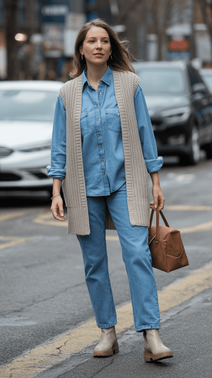 Denim shirt and knit vest layered winter outfit for women over 40