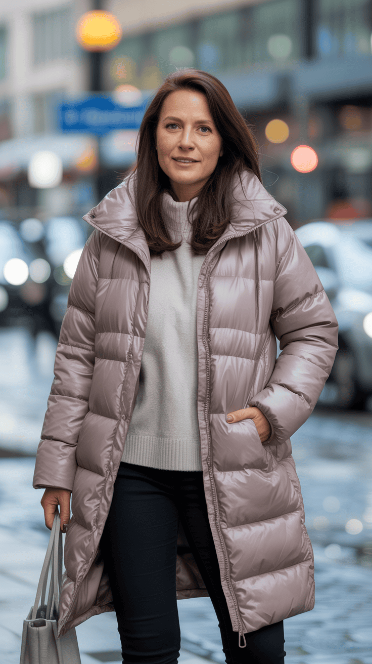 Puffer coat with monochrome base casual winter outfit for women over 40