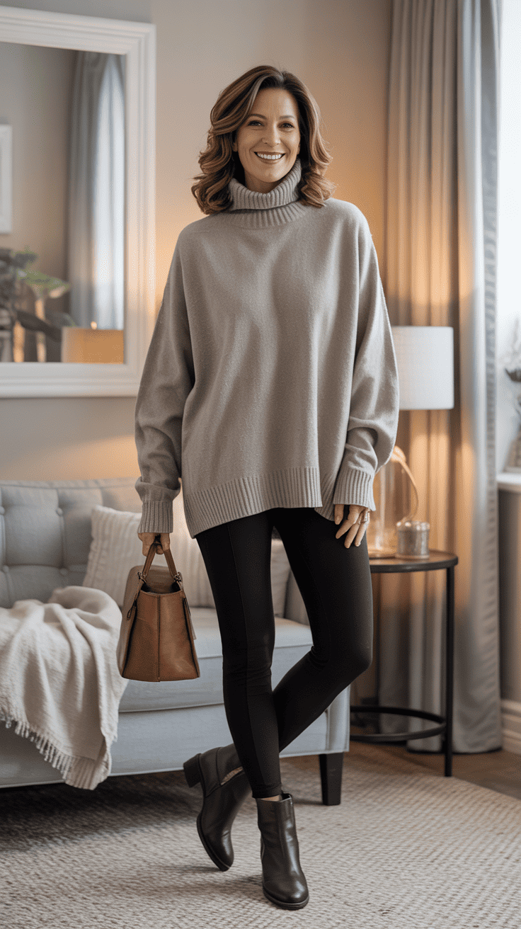 Cashmere jumper and leggings casual winter outfit for women over 40
