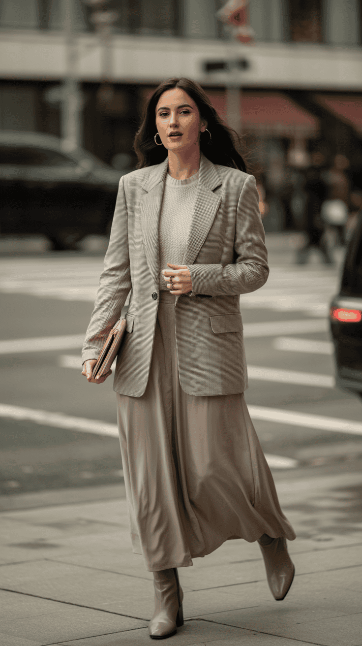 Tailored blazer styled with a long skirt for a polished winter outfit
