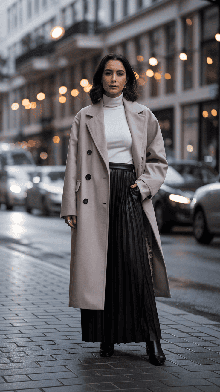 Oversized winter coat paired with a long column skirt for a minimalist look