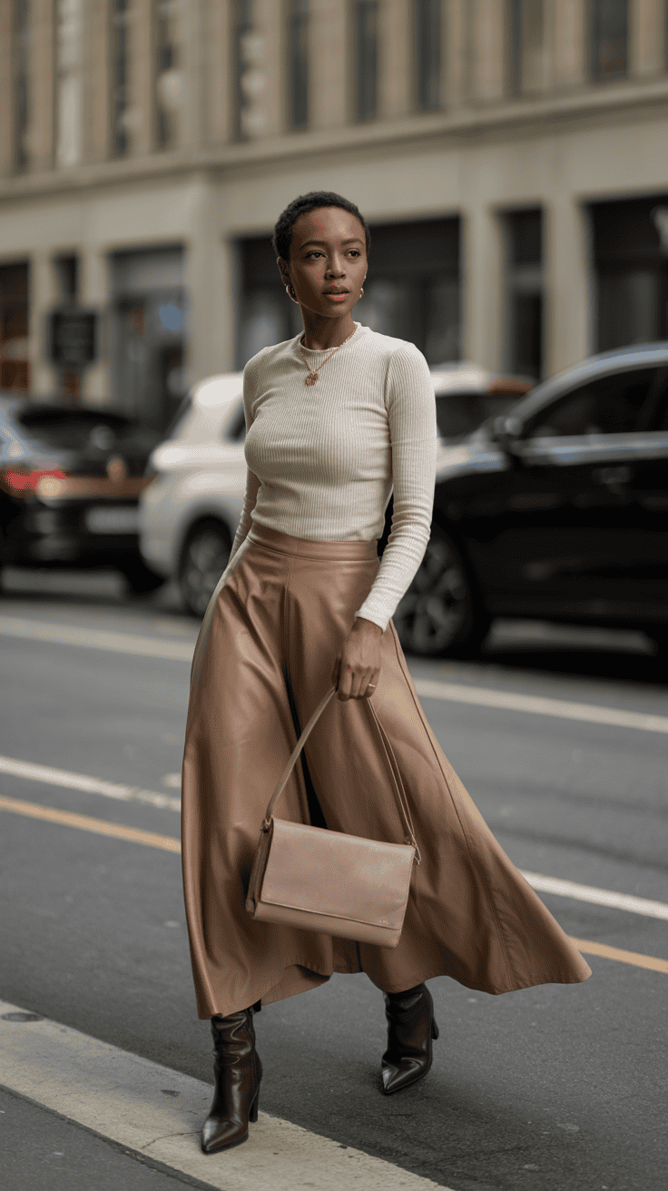 Long skirt styled with knee-high boots for a stylish winter outfit