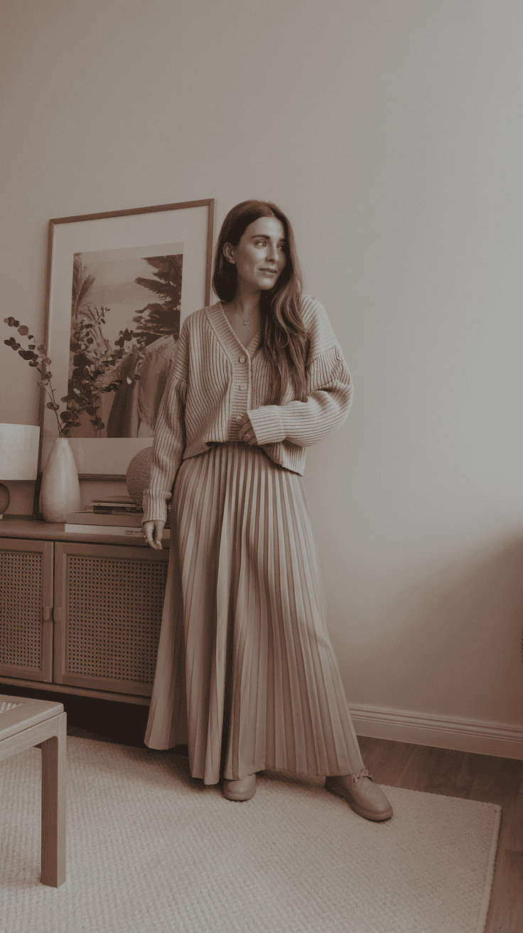 A-line maxi skirt paired with a tucked cardigan for a flattering winter outfit