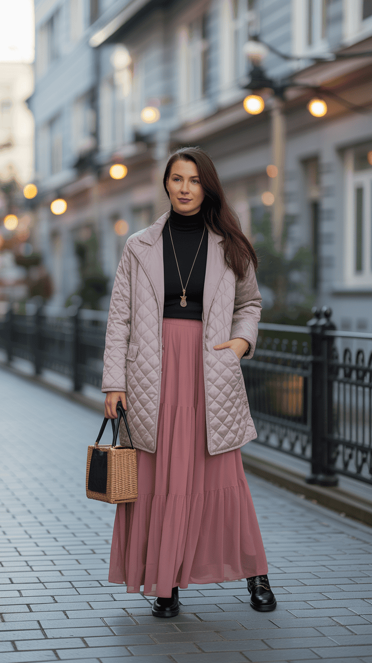 Quilted coat styled with a flowy maxi skirt for a cosy winter look