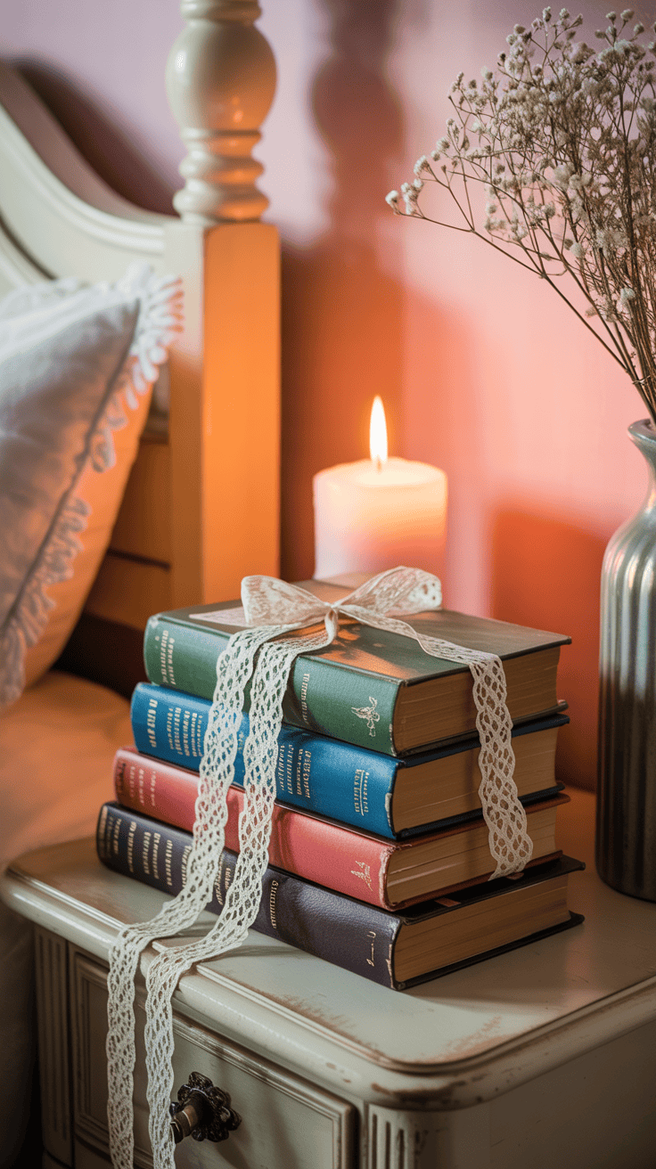 Vintage book stack with lace ribbon styled on a cottagecore nightstand