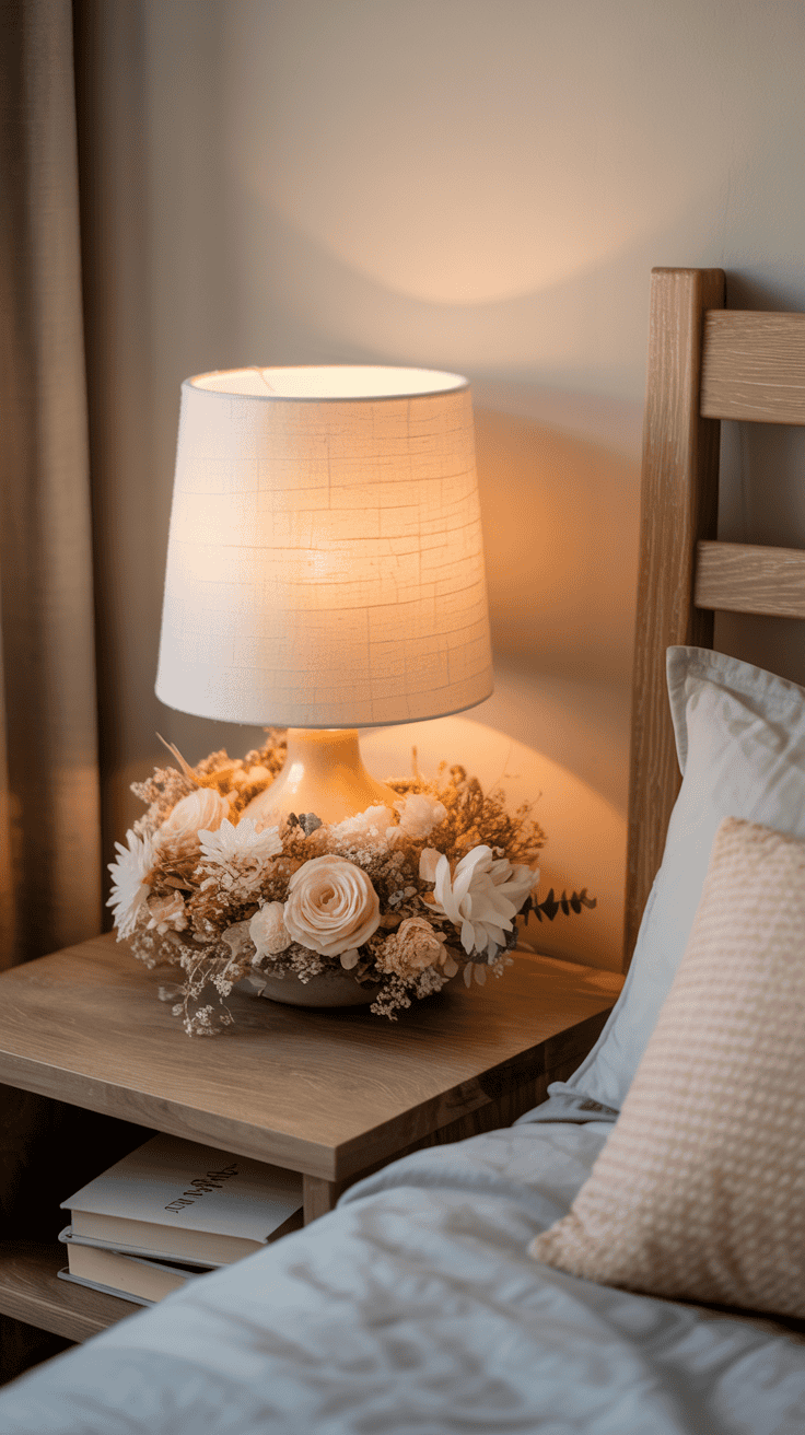DIY floral lamp base for romantic cottagecore nightstand decor