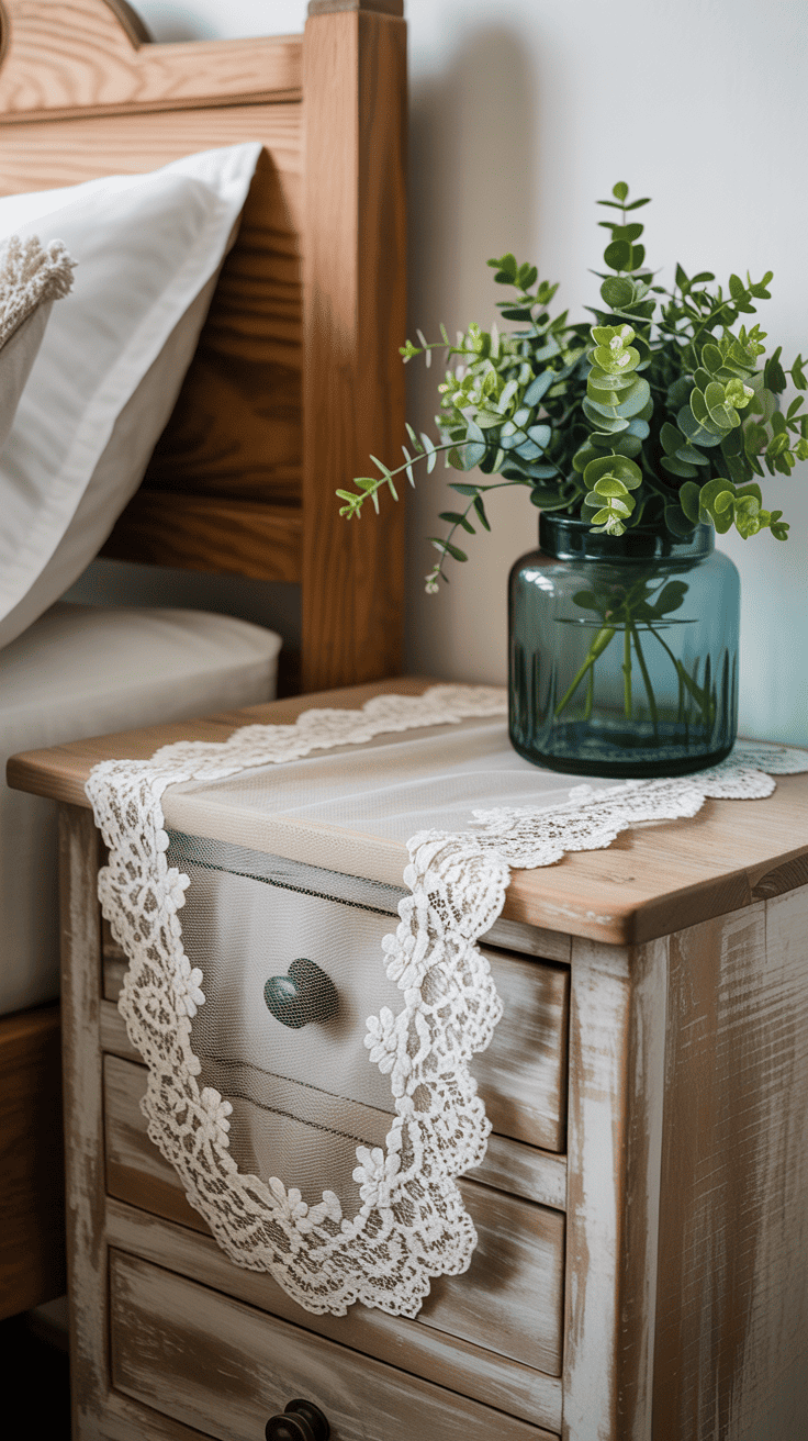 Lace nightstand runner for romantic cottage bedroom decor