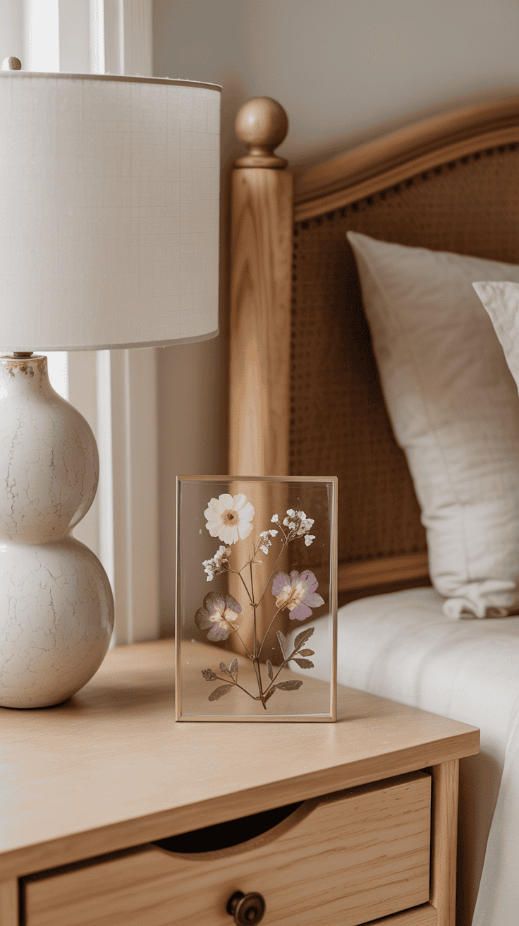 Pressed flower decor on romantic cottagecore nightstand