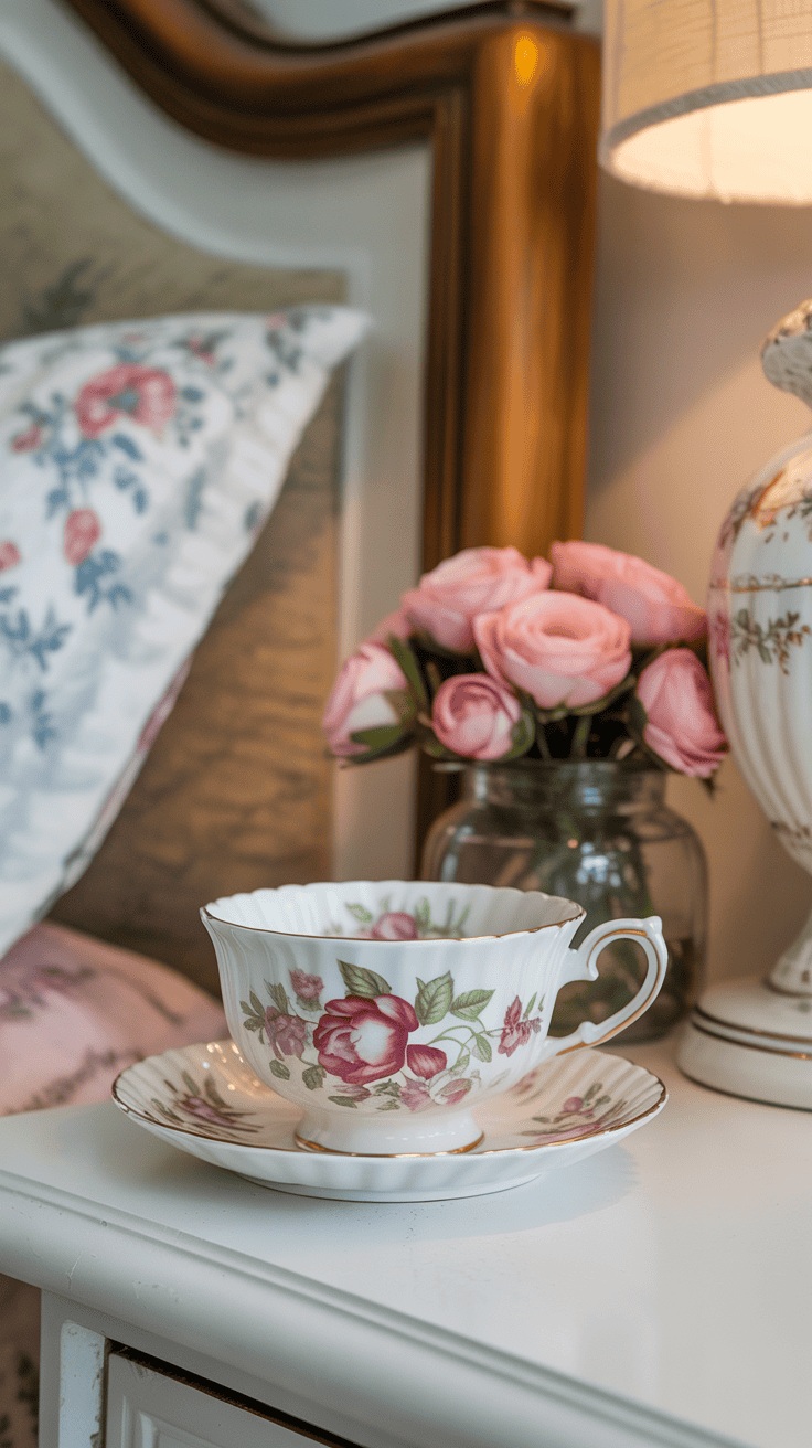 Vintage teacup trinket holder for cottagecore bedside styling