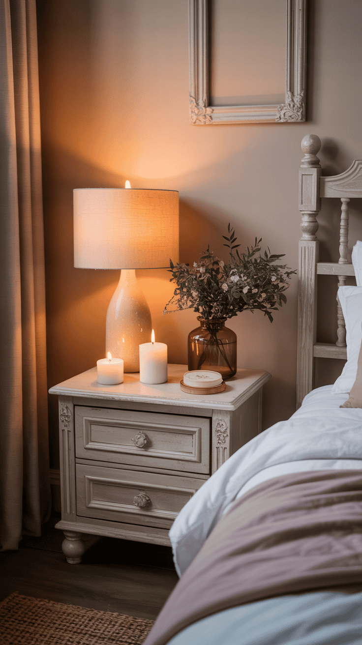 Romantic candle styling on a cottagecore nightstand