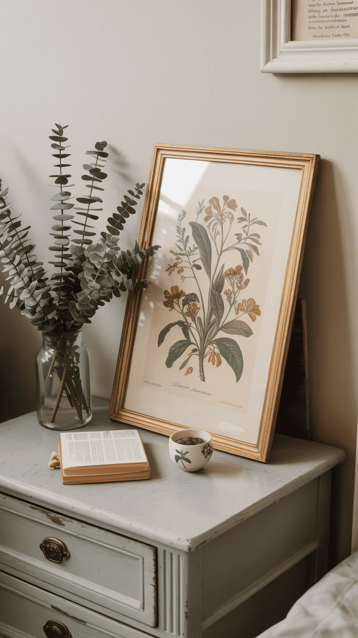 Vintage artwork styled on cottagecore bedside table