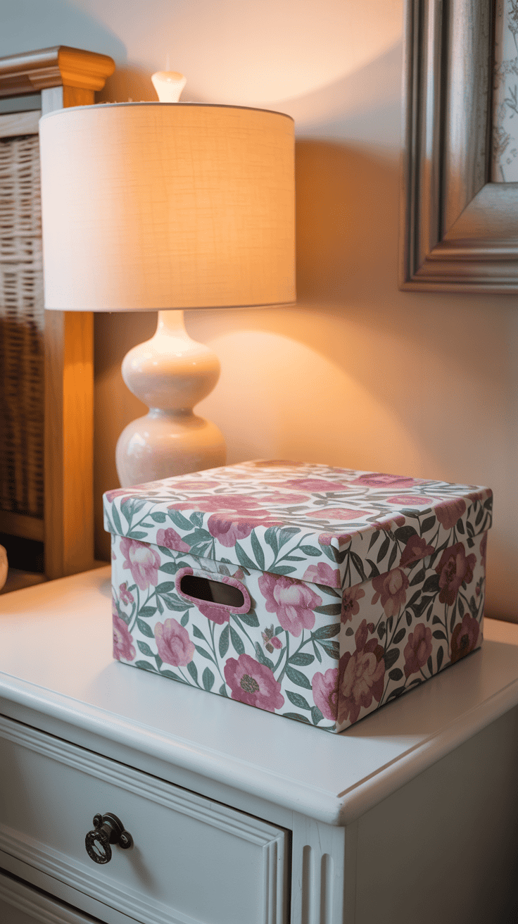 DIY fabric storage box for romantic cottagecore nightstand