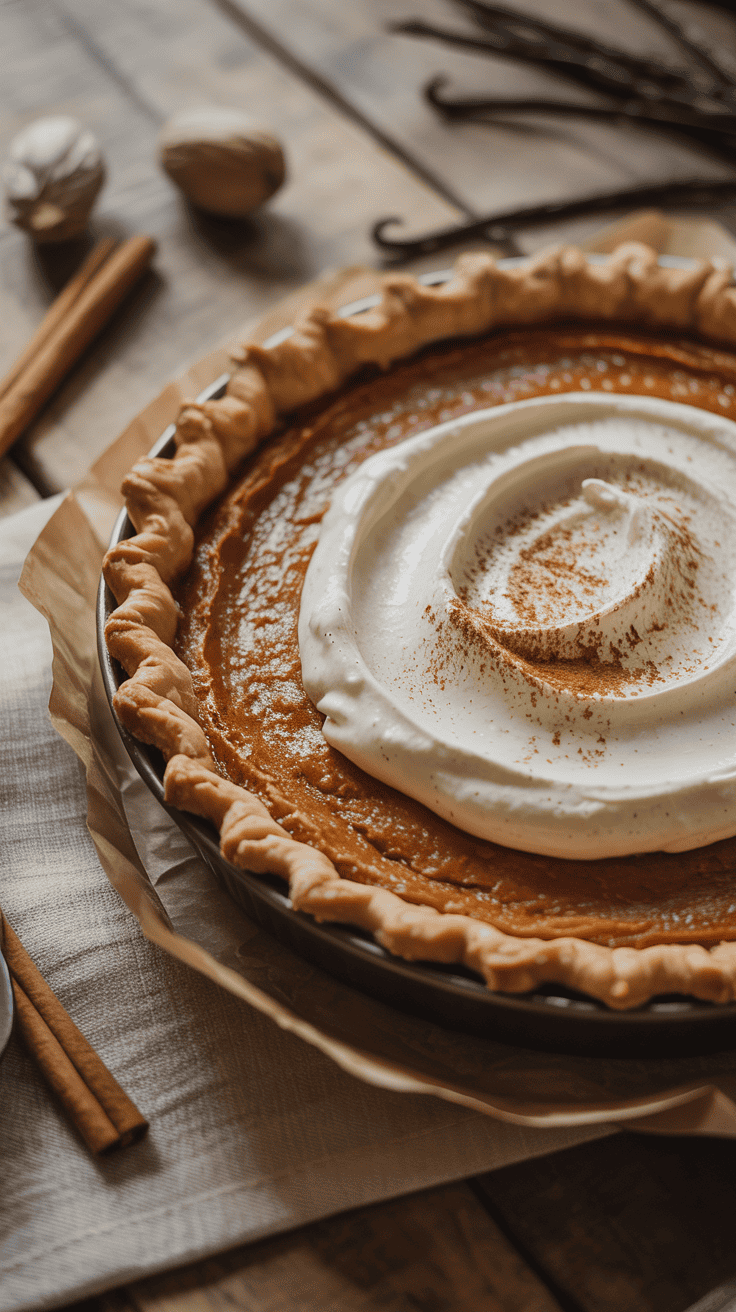 Brown butter sweet potato pie with a flaky crust, rich orange filling, and vanilla bean cream topping on a rustic wooden table.