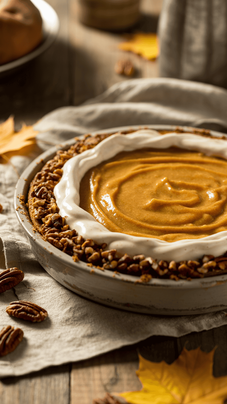 Maple cream sweet potato pie with a toasted pecan crust, creamy orange filling, and warm autumn styling on a rustic table.