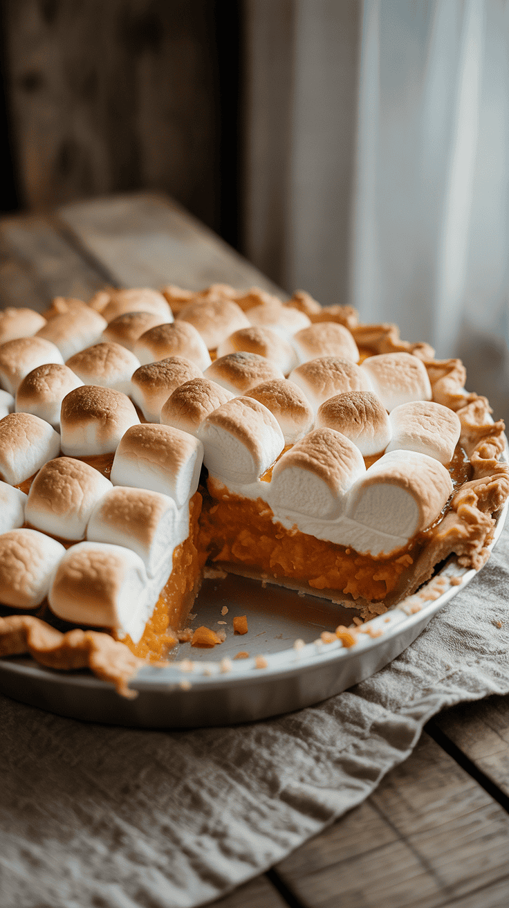 Marshmallow-topped sweet potato pie with a flaky crust, extra-creamy filling, and golden toasted marshmallows on top.