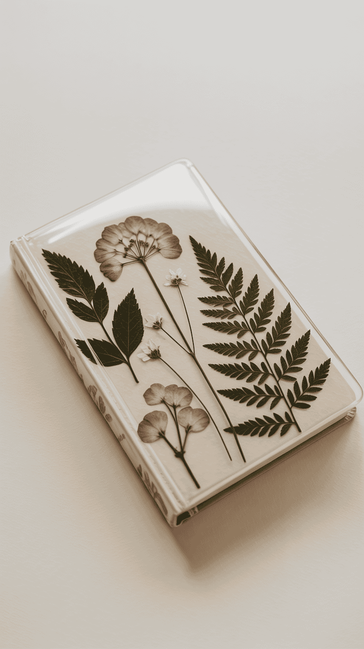 Pressed botanical journal cover with flowers preserved under clear acrylic