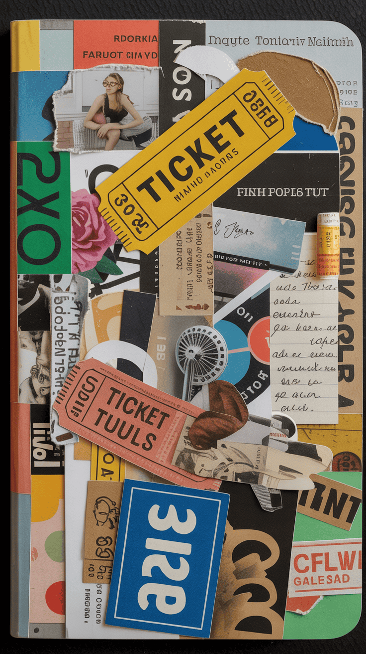 Collage-style journal cover made with layered paper scraps and creative elements