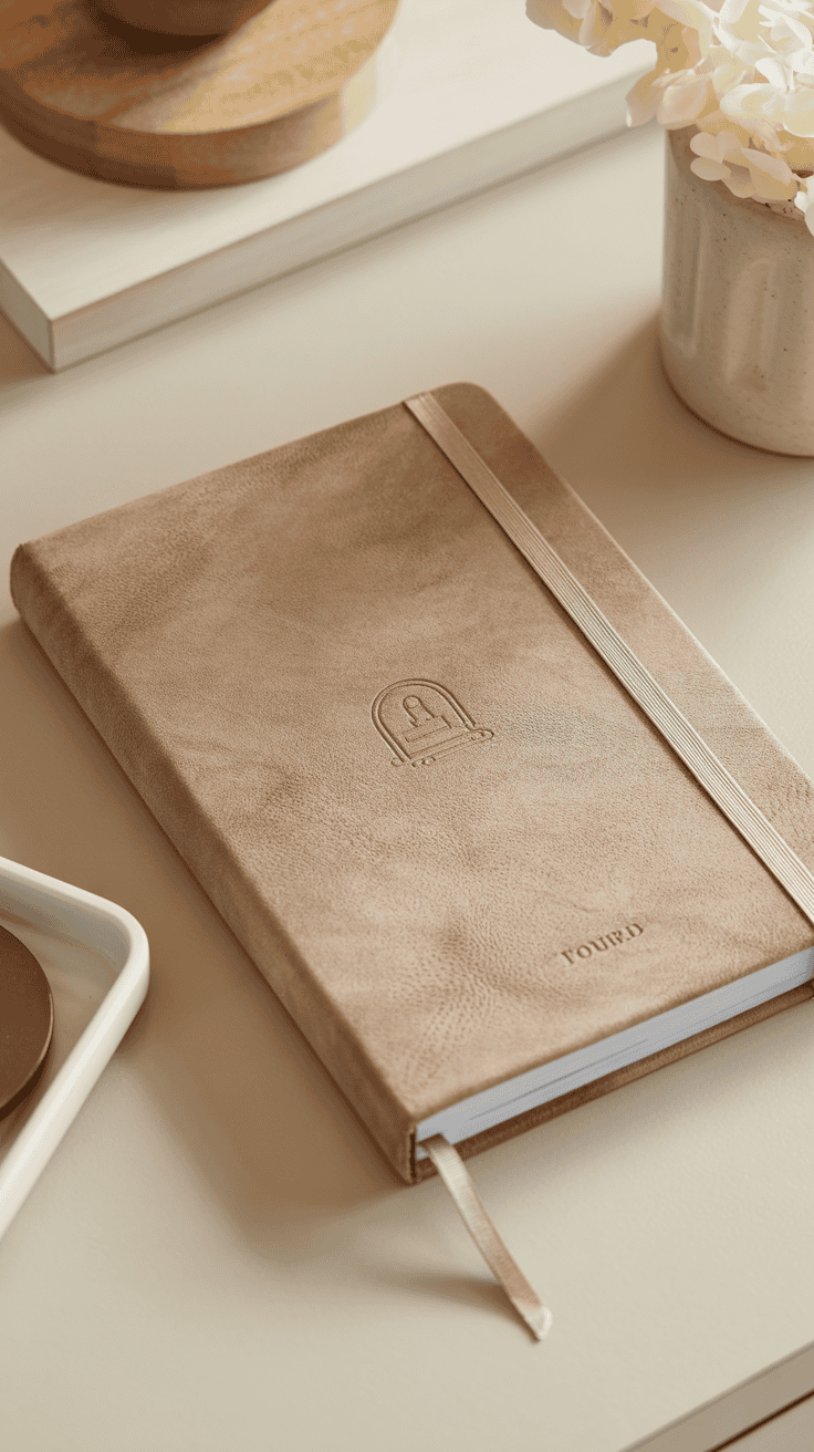Soft neutral journal cover with subtle embossed icon detail