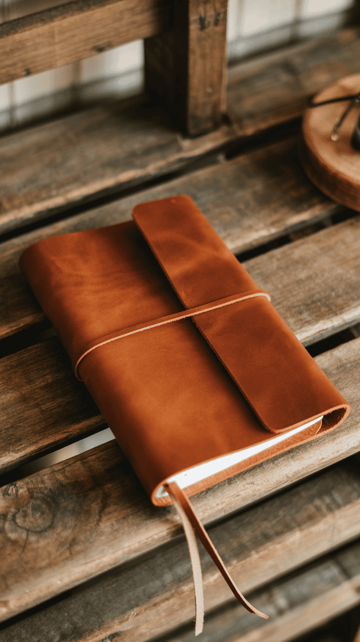 Leather journal cover with visible stitching and handcrafted detail