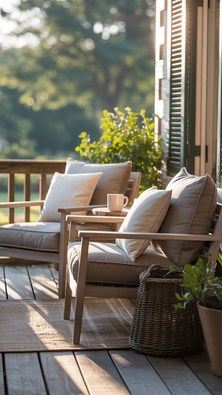 Cushioned outdoor armchairs on a back porch with soft morning light and neutral decor.