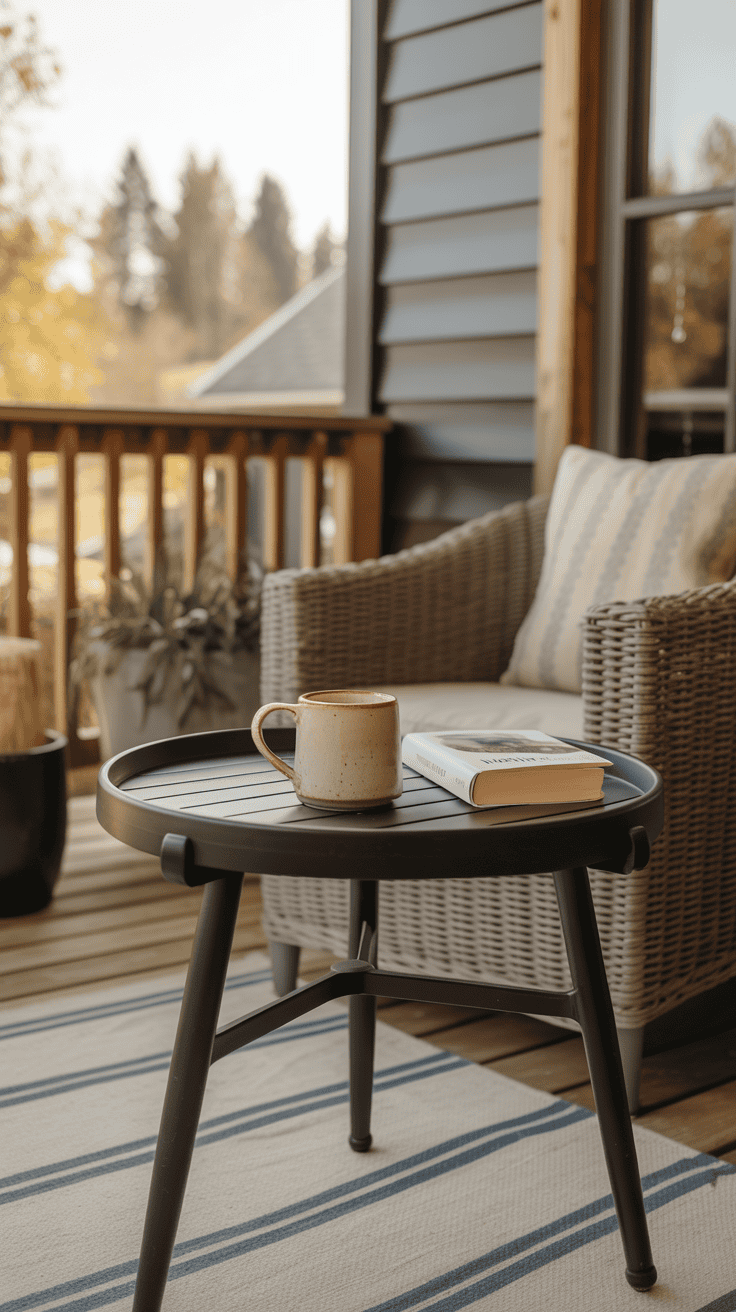 Small outdoor side table on a back porch holding a coffee mug and book.
