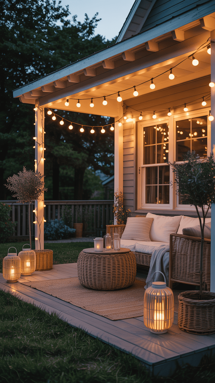Back porch with warm string lights and lanterns creating a cozy evening glow.