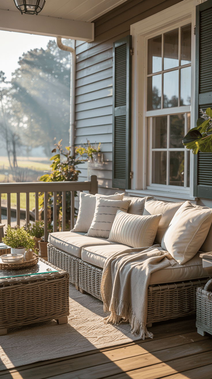 Outdoor porch seating styled with cushions and throws for a cozy layered look.