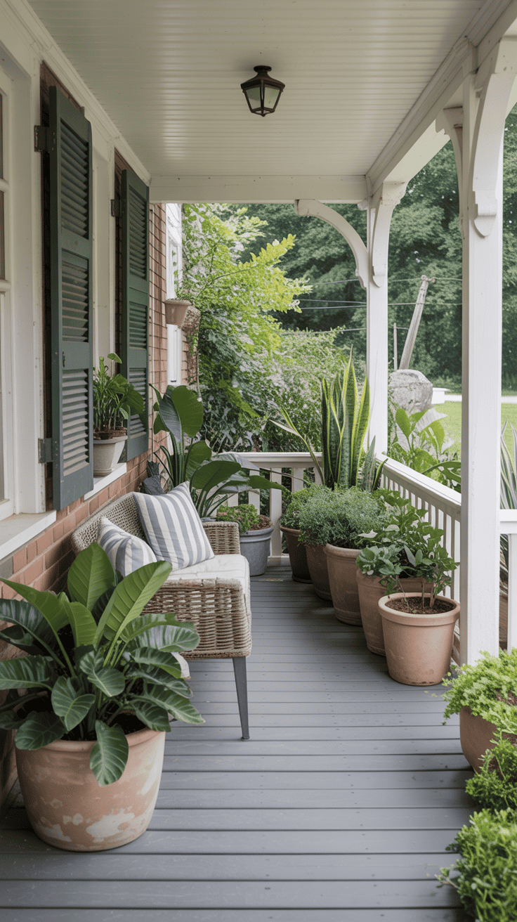 Back porch with potted greenery creating a calm and balanced outdoor space.