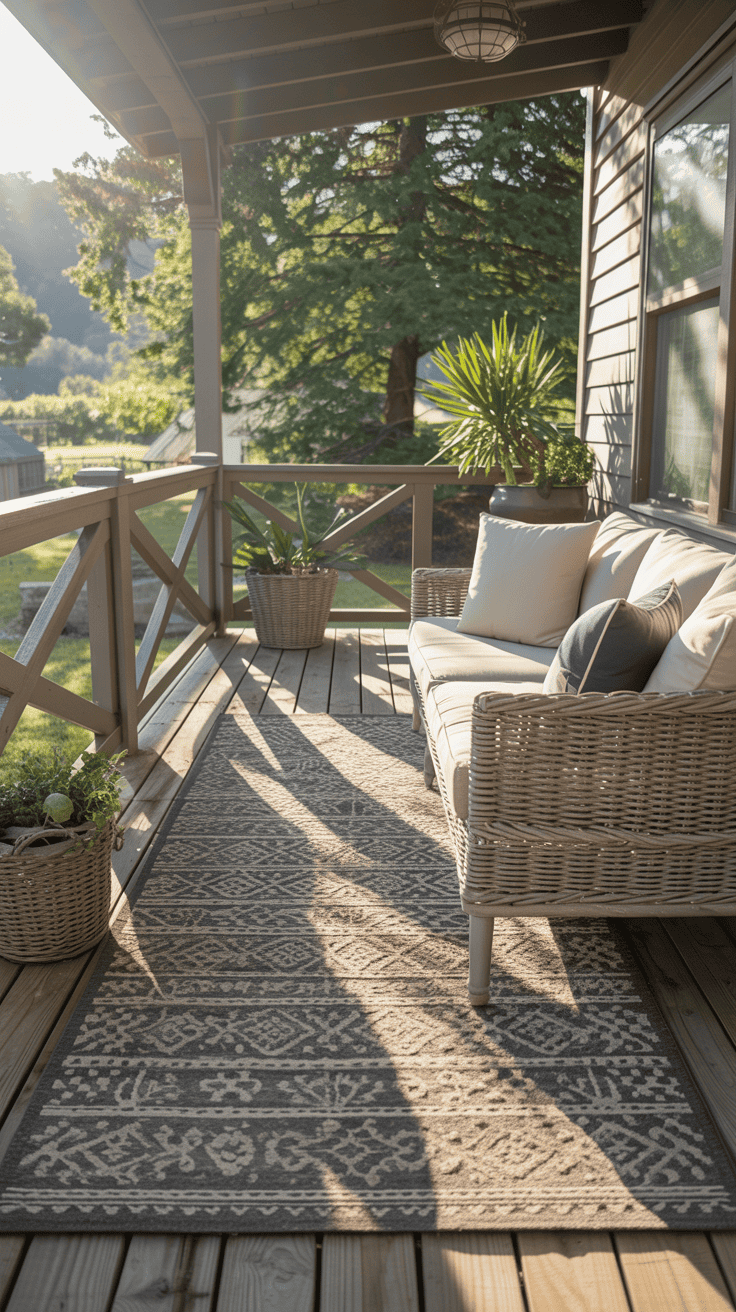 Neutral outdoor rug grounding a cozy back porch seating area.