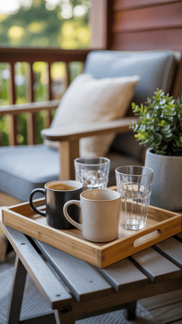 Cozy reading chair on a back porch with a throw and book.