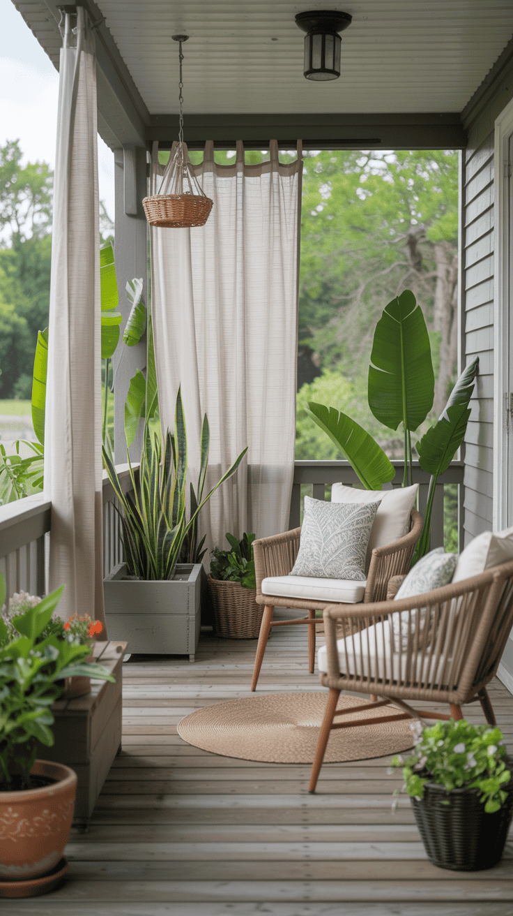 Back porch with light curtains and plants creating soft privacy.