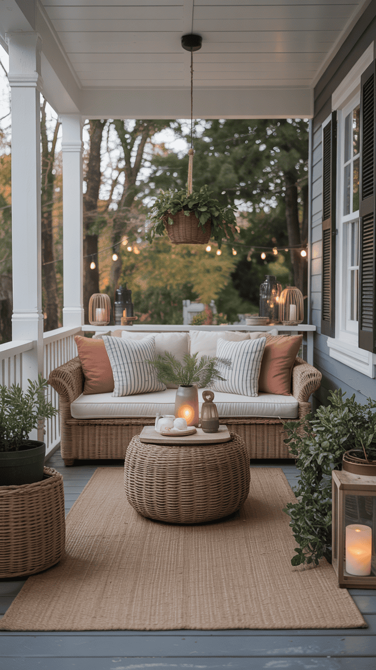 Back porch styled with simple seasonal decor accents.