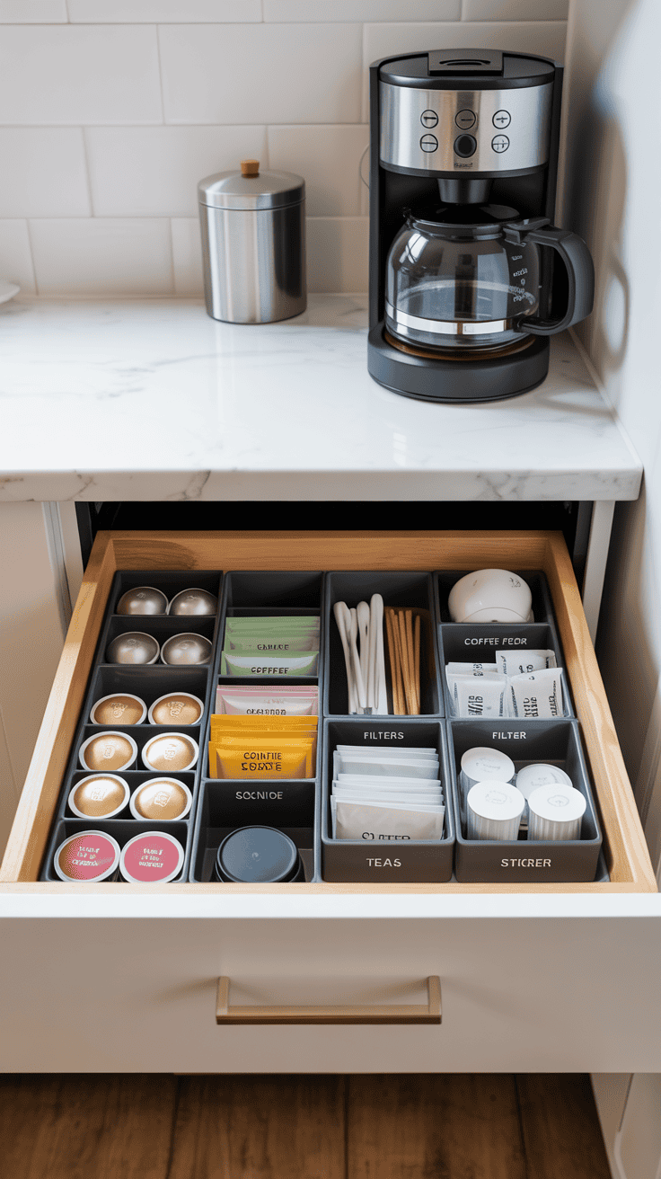 Organized coffee drawer with pods, tea bags, and accessories stored neatly below the counter.