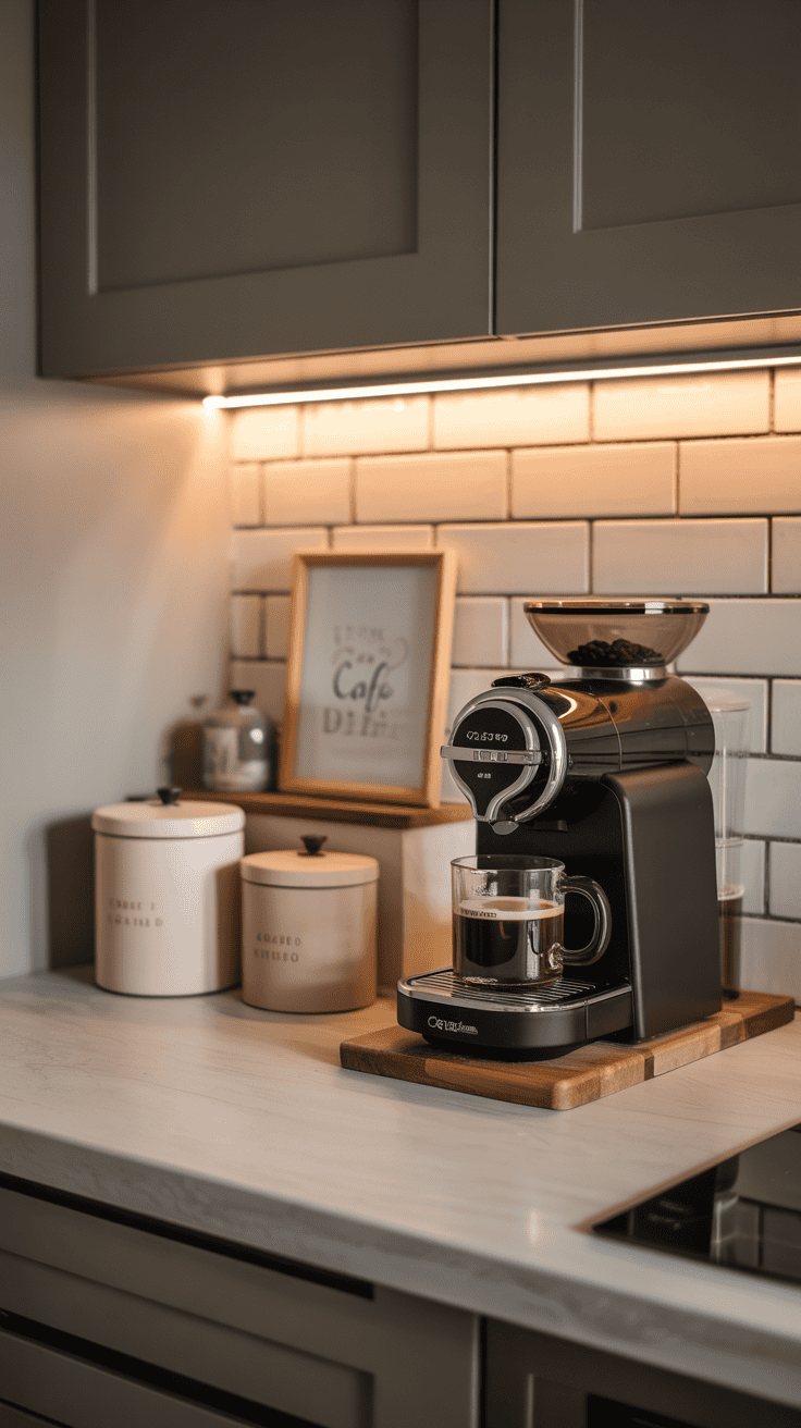 Styled home coffee station with small decor details and warm lighting.